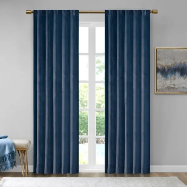 Curtains & Drapes-Kirkland's Home Navy Velvet Greta Curtain Panel Set, 84 In. Blue