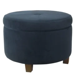 Benches & Ottomans-Kirkland's Home Navy Velvet Upholstered Round Storage Ottoman Blue