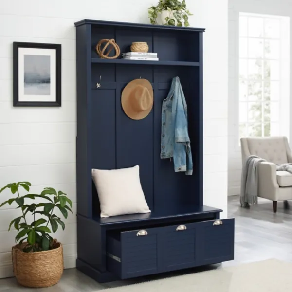 Entryway Furniture-Kirkland's Home Navy Wood Storage Bench Hall Tree Blue