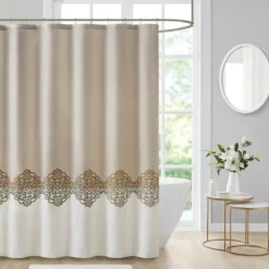 Shower Curtains-Kirkland's Home Neutral Block Embroidered Shower Curtain Brown/Ivory