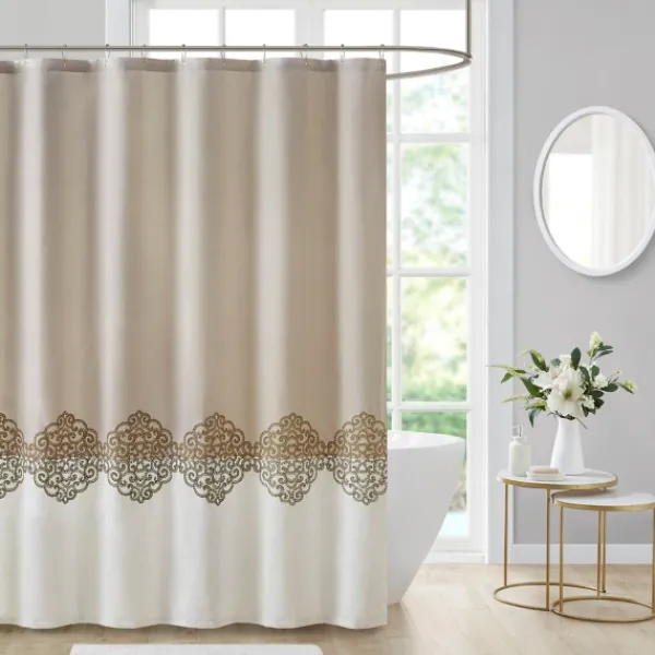 Shower Curtains-Kirkland's Home Neutral Block Embroidered Shower Curtain Brown/Ivory