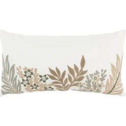 Pillows-Kirkland's Home Neutral Blooms Hand Embroidered Lumbar Pillow White/Tan/Gray