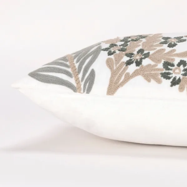 Pillows-Kirkland's Home Neutral Blooms Hand Embroidered Lumbar Pillow White/Tan/Gray