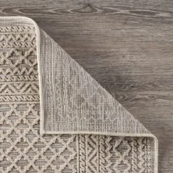 Outdoor Rugs-Kirkland's Home Neutral Bordered Lattice Outdoor Area Rug, 5X7 Gray