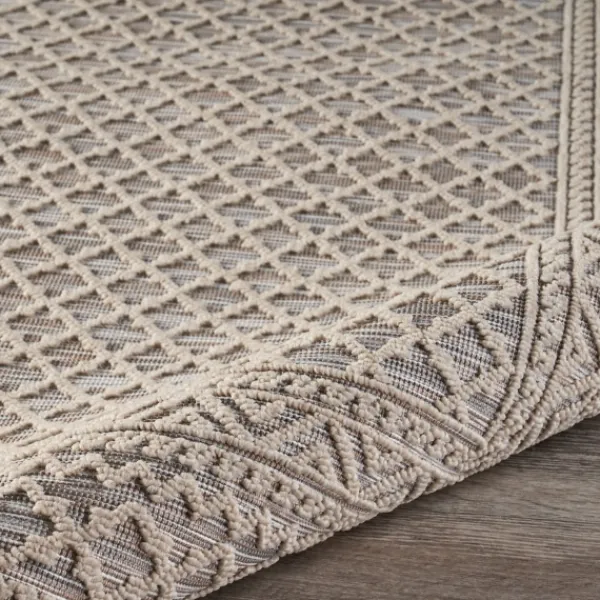 Outdoor Rugs-Kirkland's Home Neutral Bordered Lattice Outdoor Area Rug, 5X7 Gray