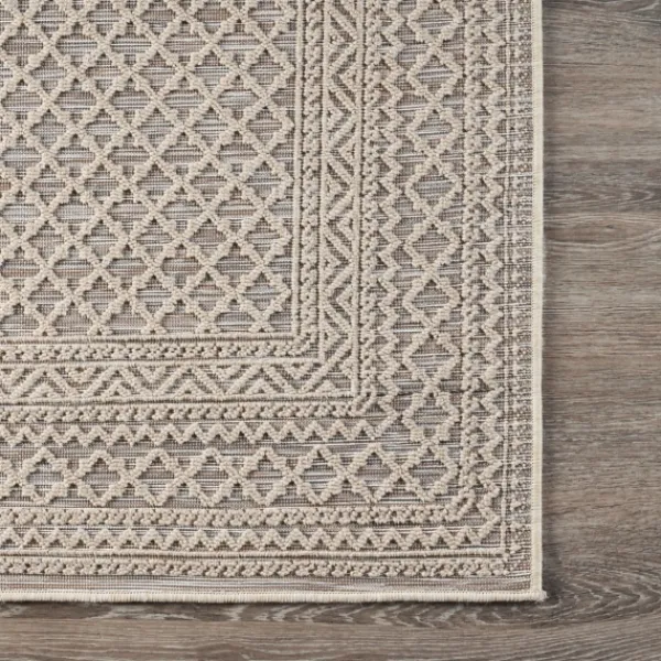 Outdoor Rugs-Kirkland's Home Neutral Bordered Lattice Outdoor Area Rug, 5X7 Gray