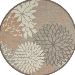 Outdoor Rugs-Kirkland's Home Neutral Floral Burst Outdoor Round Area Rug, 5 Ft. Tan/Gray