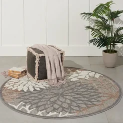 Outdoor Rugs-Kirkland's Home Neutral Floral Burst Outdoor Round Area Rug, 5 Ft. Tan/Gray