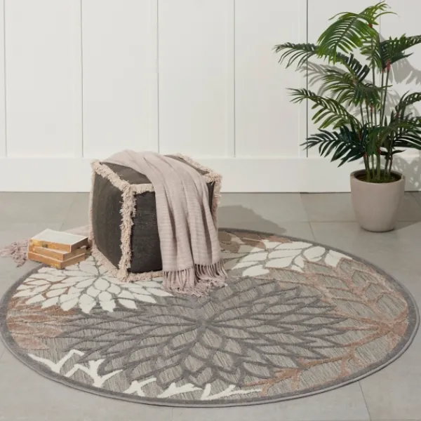 Outdoor Rugs-Kirkland's Home Neutral Floral Burst Outdoor Round Area Rug, 5 Ft. Tan/Gray