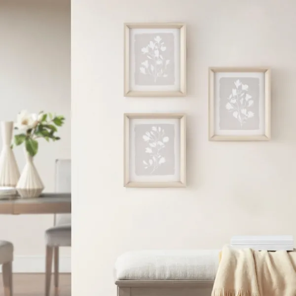 Framed Art-Kirkland's Home Neutral Floral Sprigs 3-Pc. Framed Art Set White/Gray