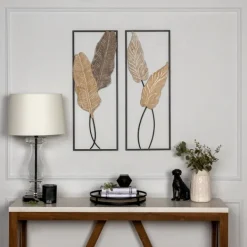 Wall Plaques-Kirkland's Home Neutral Leaves Metal Wall Plaques, Set Of 2 Tan/Black