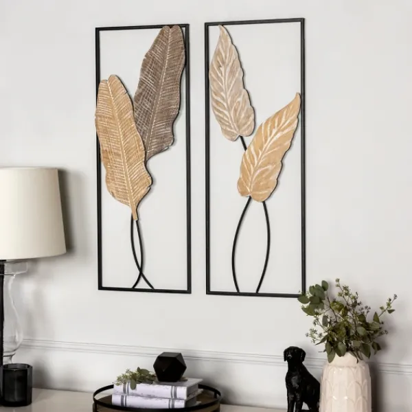 Wall Plaques-Kirkland's Home Neutral Leaves Metal Wall Plaques, Set Of 2 Tan/Black
