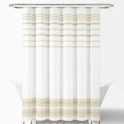 Shower Curtains-Kirkland's Home Neutral Striped And Tasseled Shower Curtain Tan/White