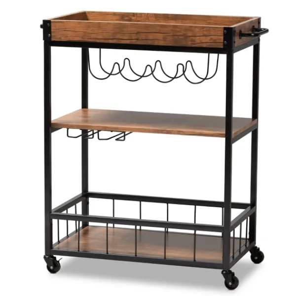 Kitchen Islands & Bar Carts-Kirkland's Home Oak And Black Metal Bar Cart With Bottle Rack
