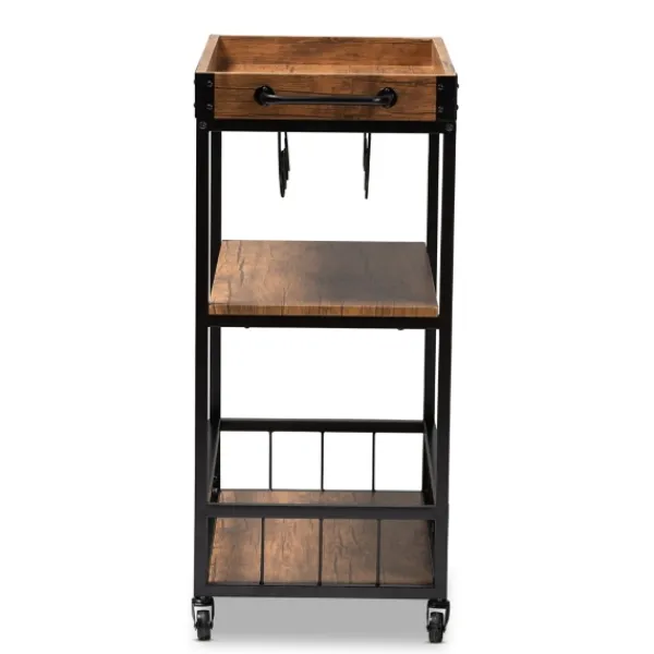Kitchen Islands & Bar Carts-Kirkland's Home Oak And Black Metal Bar Cart With Bottle Rack