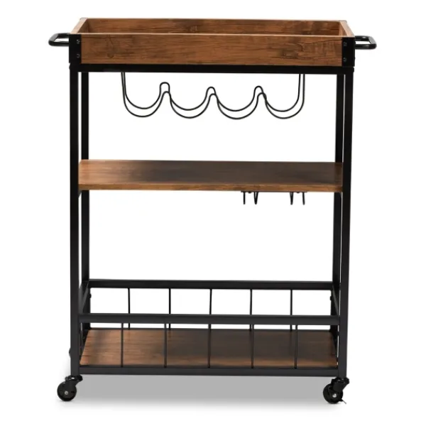 Kitchen Islands & Bar Carts-Kirkland's Home Oak And Black Metal Bar Cart With Bottle Rack