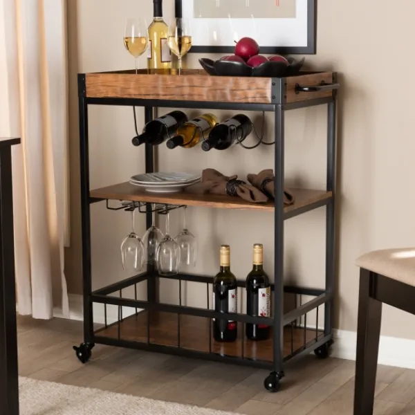 Kitchen Islands & Bar Carts-Kirkland's Home Oak And Black Metal Bar Cart With Bottle Rack