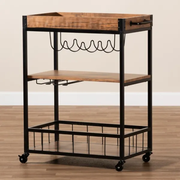 Kitchen Islands & Bar Carts-Kirkland's Home Oak And Black Metal Bar Cart With Bottle Rack
