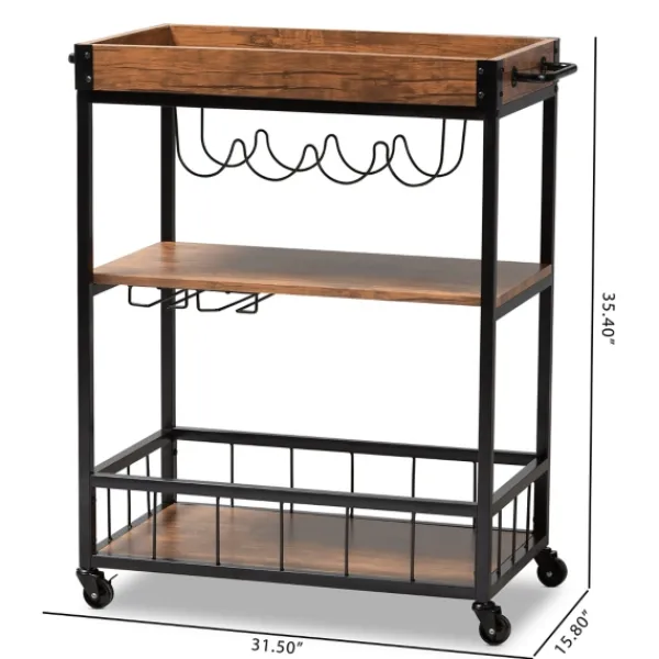 Kitchen Islands & Bar Carts-Kirkland's Home Oak And Black Metal Bar Cart With Bottle Rack