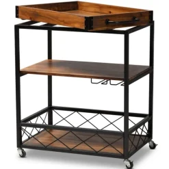 Kitchen Islands & Bar Carts-Kirkland's Home Oak And Black Metal Bar Cart With Stemware Rack