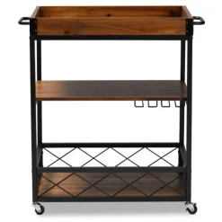 Kitchen Islands & Bar Carts-Kirkland's Home Oak And Black Metal Bar Cart With Stemware Rack