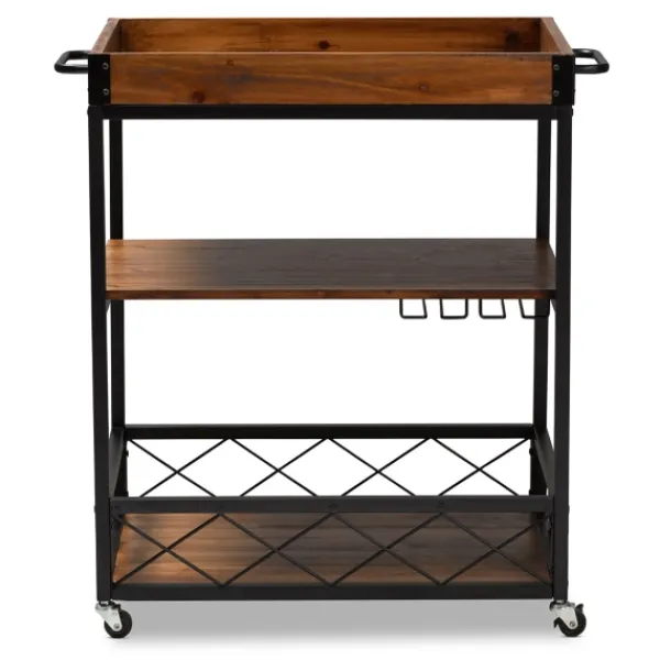 Kitchen Islands & Bar Carts-Kirkland's Home Oak And Black Metal Bar Cart With Stemware Rack