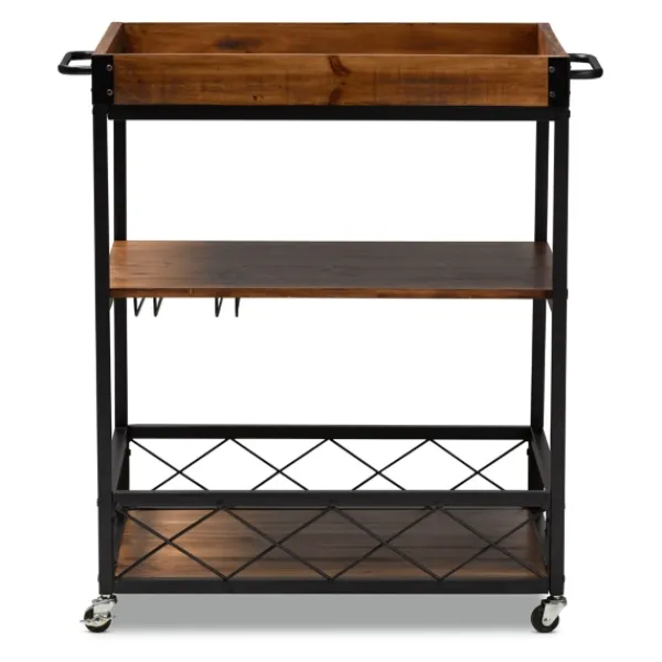 Kitchen Islands & Bar Carts-Kirkland's Home Oak And Black Metal Bar Cart With Stemware Rack