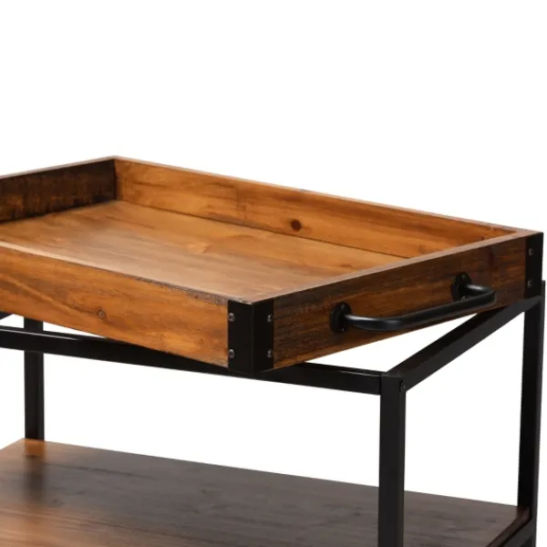 Kitchen Islands & Bar Carts-Kirkland's Home Oak And Black Metal Bar Cart With Stemware Rack