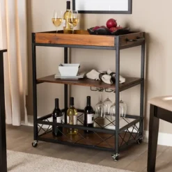 Kitchen Islands & Bar Carts-Kirkland's Home Oak And Black Metal Bar Cart With Stemware Rack