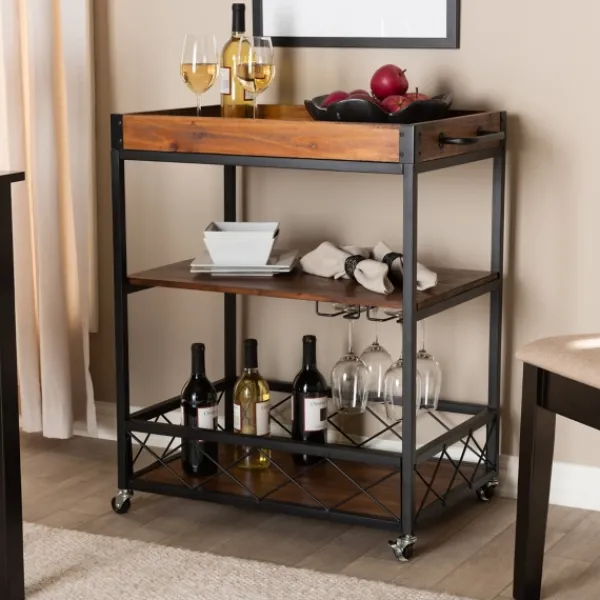 Kitchen Islands & Bar Carts-Kirkland's Home Oak And Black Metal Bar Cart With Stemware Rack