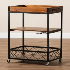 Kitchen Islands & Bar Carts-Kirkland's Home Oak And Black Metal Bar Cart With Stemware Rack