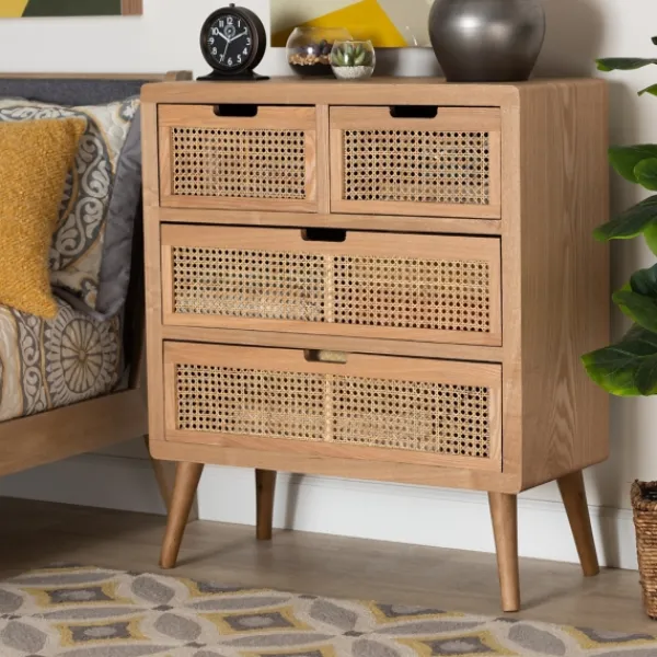 Dressers & Chests-Kirkland's Home Oak And Rattan 4-Drawer Chest