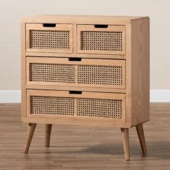 Dressers & Chests-Kirkland's Home Oak And Rattan 4-Drawer Chest