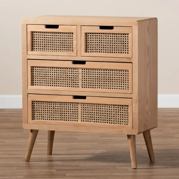 Dressers & Chests-Kirkland's Home Oak And Rattan 4-Drawer Chest