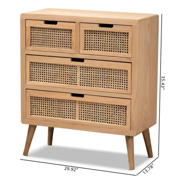 Dressers & Chests-Kirkland's Home Oak And Rattan 4-Drawer Chest