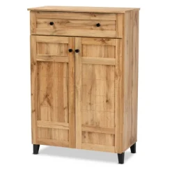 Entryway Furniture-Kirkland's Home Oak 2-Door Grid Shoe Storage Cabinet Tan