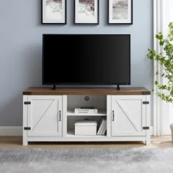 Tv Stands & Media Consoles-Kirkland's Home Oak Farmhouse Double Door Tv Stand Brown/White