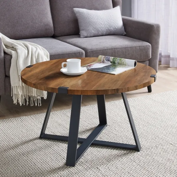 Coffee Tables-Kirkland's Home Oak Urban Rustic Round Coffee Table Brown