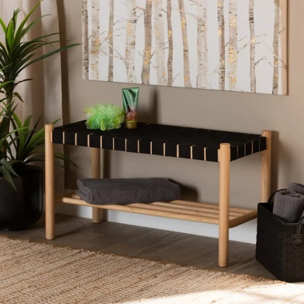 Benches & Ottomans-Kirkland's Home Oak Wood And Woven Nylon Bench Black/Tan