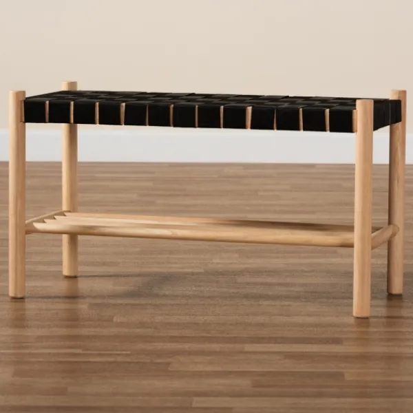 Benches & Ottomans-Kirkland's Home Oak Wood And Woven Nylon Bench Black/Tan