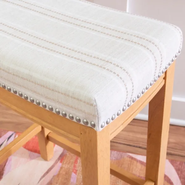 Bar Stools & Counter Height Stools-Kirkland's Home Oak Wood Counter Stool With Beige Striped Cushion Gray