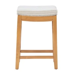 Bar Stools & Counter Height Stools-Kirkland's Home Oak Wood Counter Stool With Beige Striped Cushion Gray