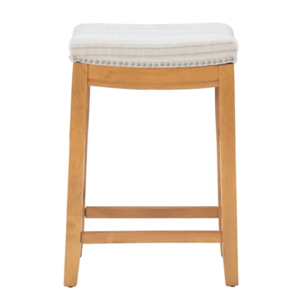 Bar Stools & Counter Height Stools-Kirkland's Home Oak Wood Counter Stool With Beige Striped Cushion Gray
