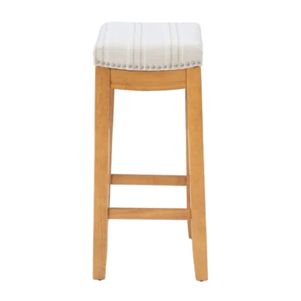 Bar Stools & Counter Height Stools-Kirkland's Home Oak Wood Counter Stool With Beige Striped Cushion Gray