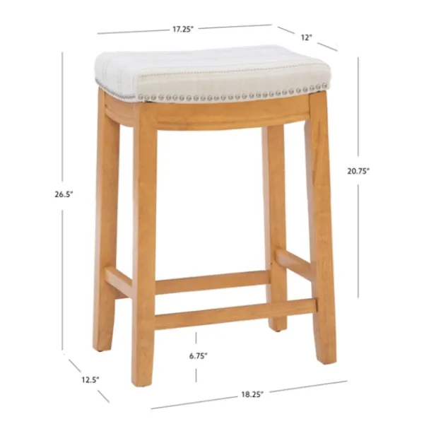 Bar Stools & Counter Height Stools-Kirkland's Home Oak Wood Counter Stool With Beige Striped Cushion Gray