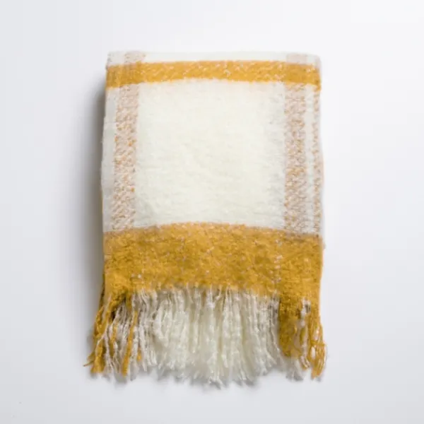 Blankets & Throws-Kirkland's Home Ochre Windowpane Faux Mohair Throw Yellow/White