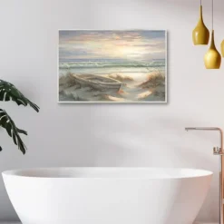 Framed Art-Kirkland's Home Old Rowboat On The Shore Framed Canvas Art Print Ivory/Blue/Multi