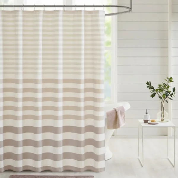 Shower Curtains-Kirkland's Home Ombre Gray Stripe Yarn Dyed Shower Curtain Tan