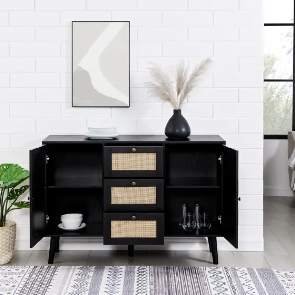 Cabinets & Sideboards-Kirkland's Home Onyx Wood And Natural Rattan Doors Sideboard Tan/Black
