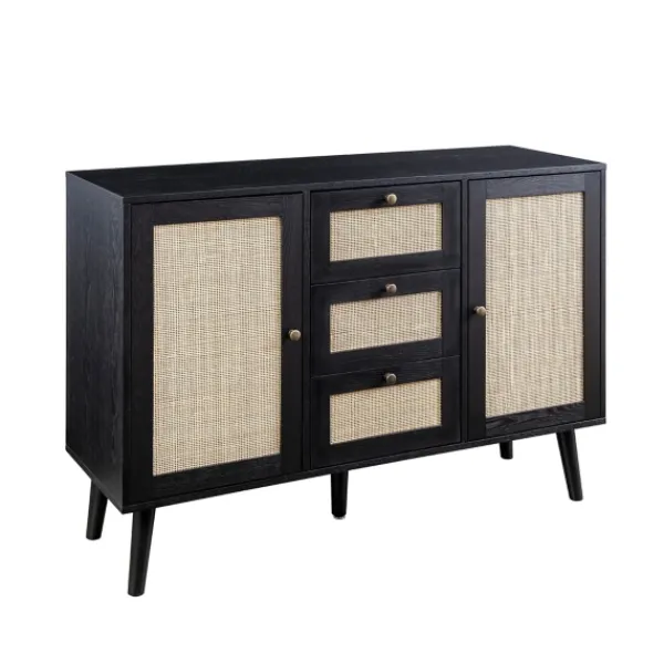 Cabinets & Sideboards-Kirkland's Home Onyx Wood And Natural Rattan Doors Sideboard Tan/Black